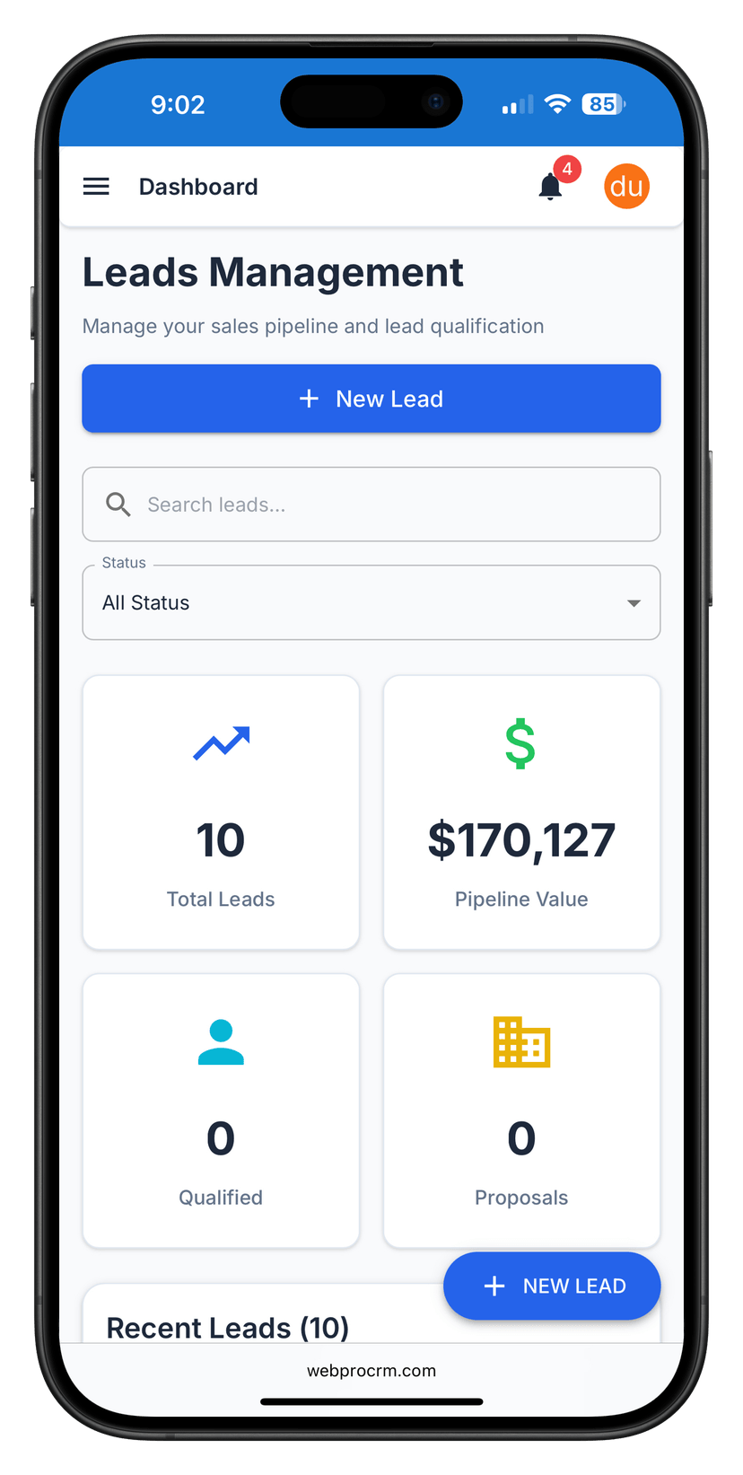 GroundCRM lead management dashboard for contractors showing pipeline tracking and automated follow-ups