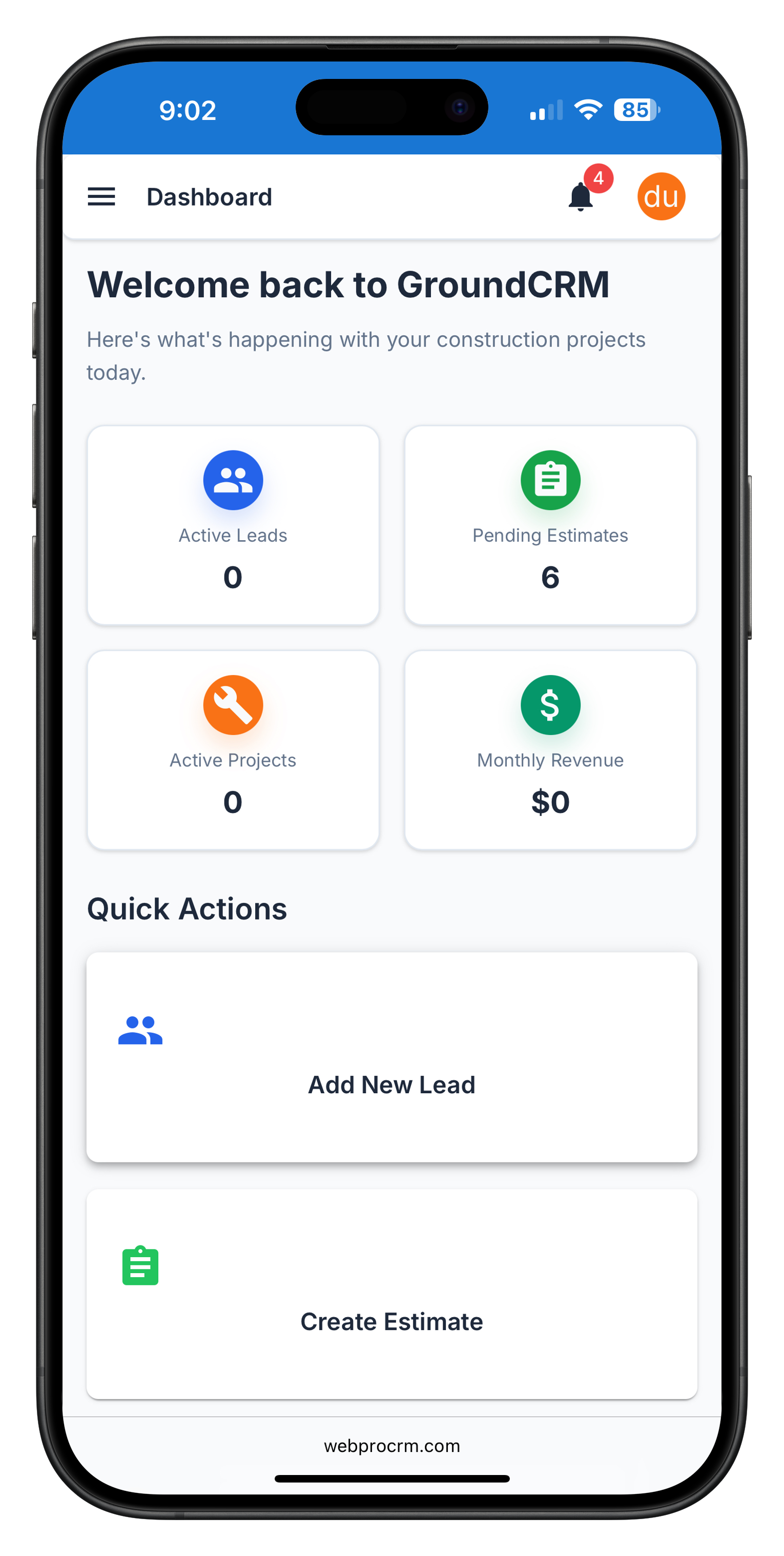 GroundCRM dashboard showing construction project management interface with lead tracking and scheduling features